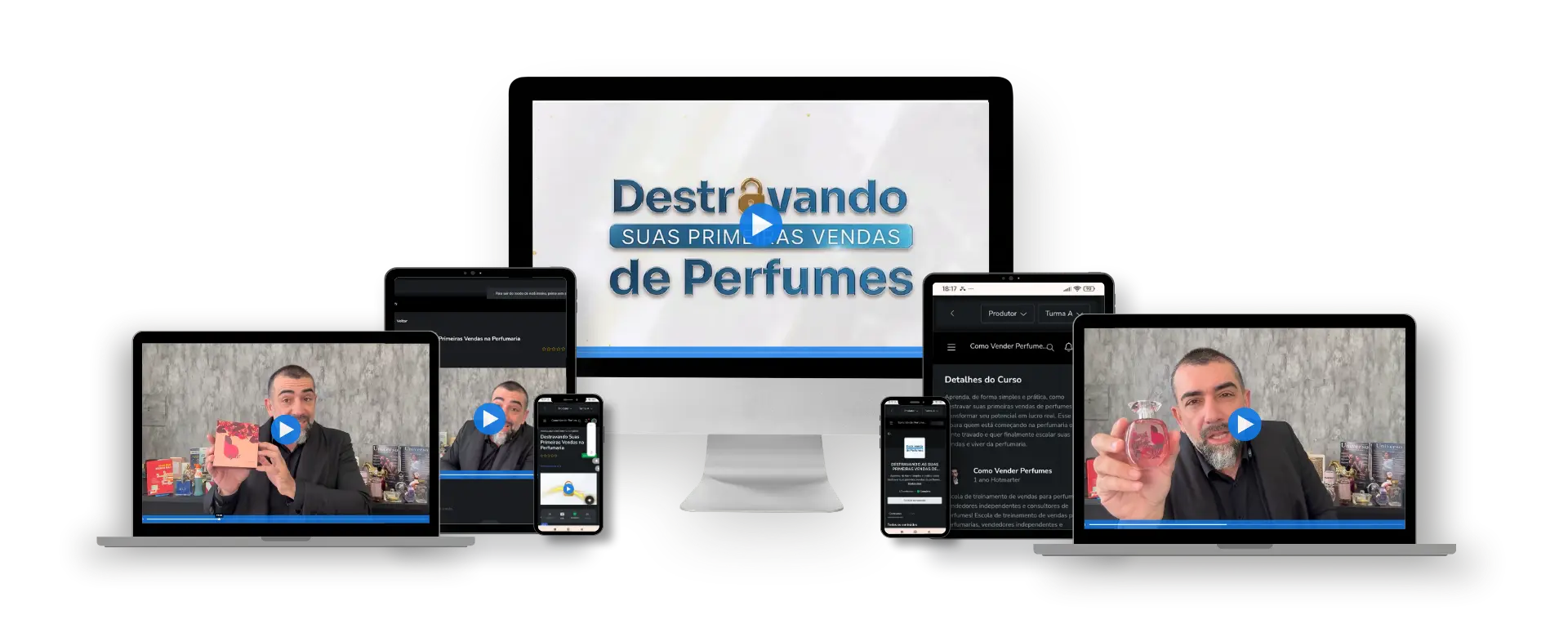 Mockup do treinamento Destravando Suas Primeiras Vendas de Perfumes em diferentes dispositivos